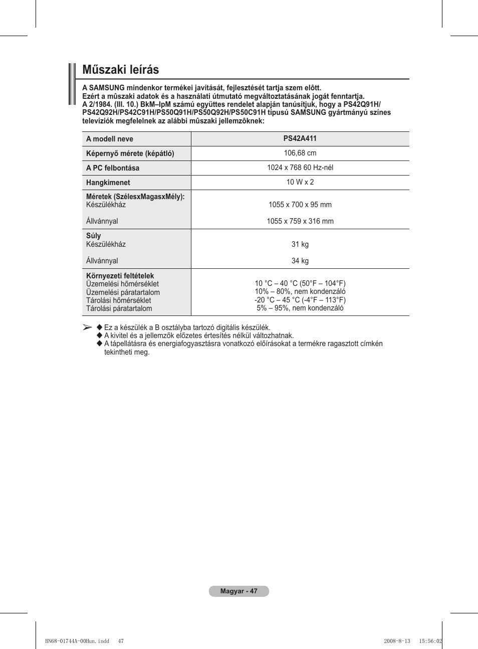 Műszaki leírás | Samsung PS42A411C2 User Manual | Page 379 / 568