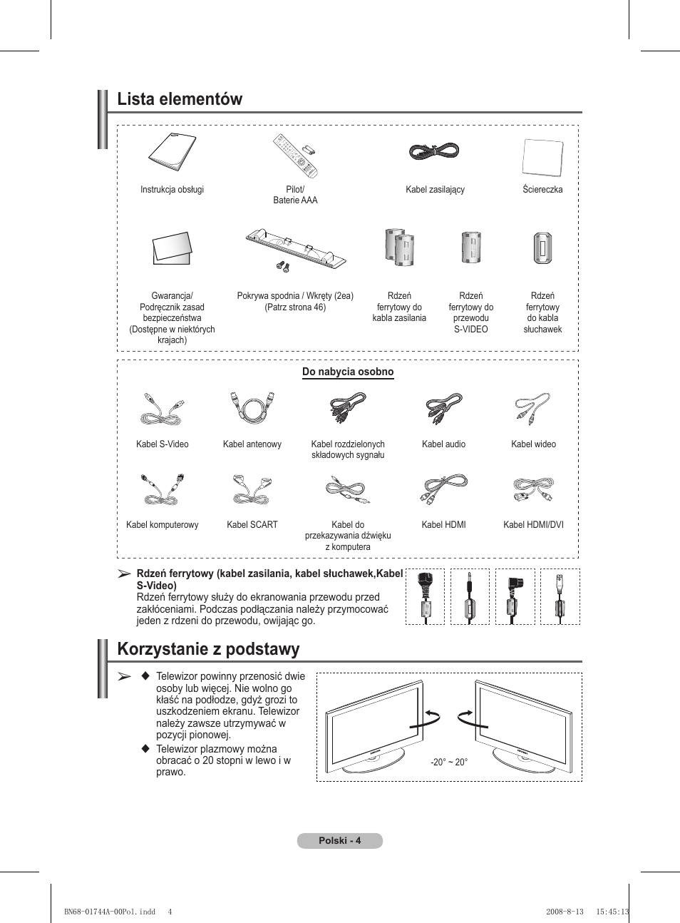 Lista elementów, Korzystanie z podstawy | Samsung PS42A411C2 User Manual | Page 383 / 568