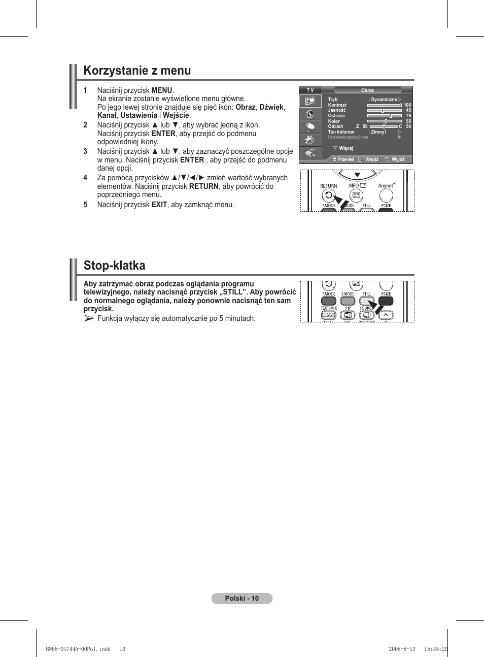 Korzystanie z menu, Stop-klatka | Samsung PS42A411C2 User Manual | Page 389 / 568