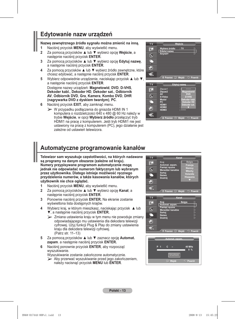 Edytowanie nazw urządzeń, Automatyczne programowanie kanałów | Samsung PS42A411C2 User Manual | Page 392 / 568