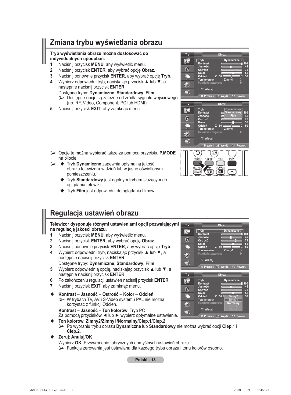 Zmiana trybu wyświetlania obrazu, Regulacja ustawień obrazu, Tryb film jest odpowiedni do oglądania filmów | Samsung PS42A411C2 User Manual | Page 397 / 568