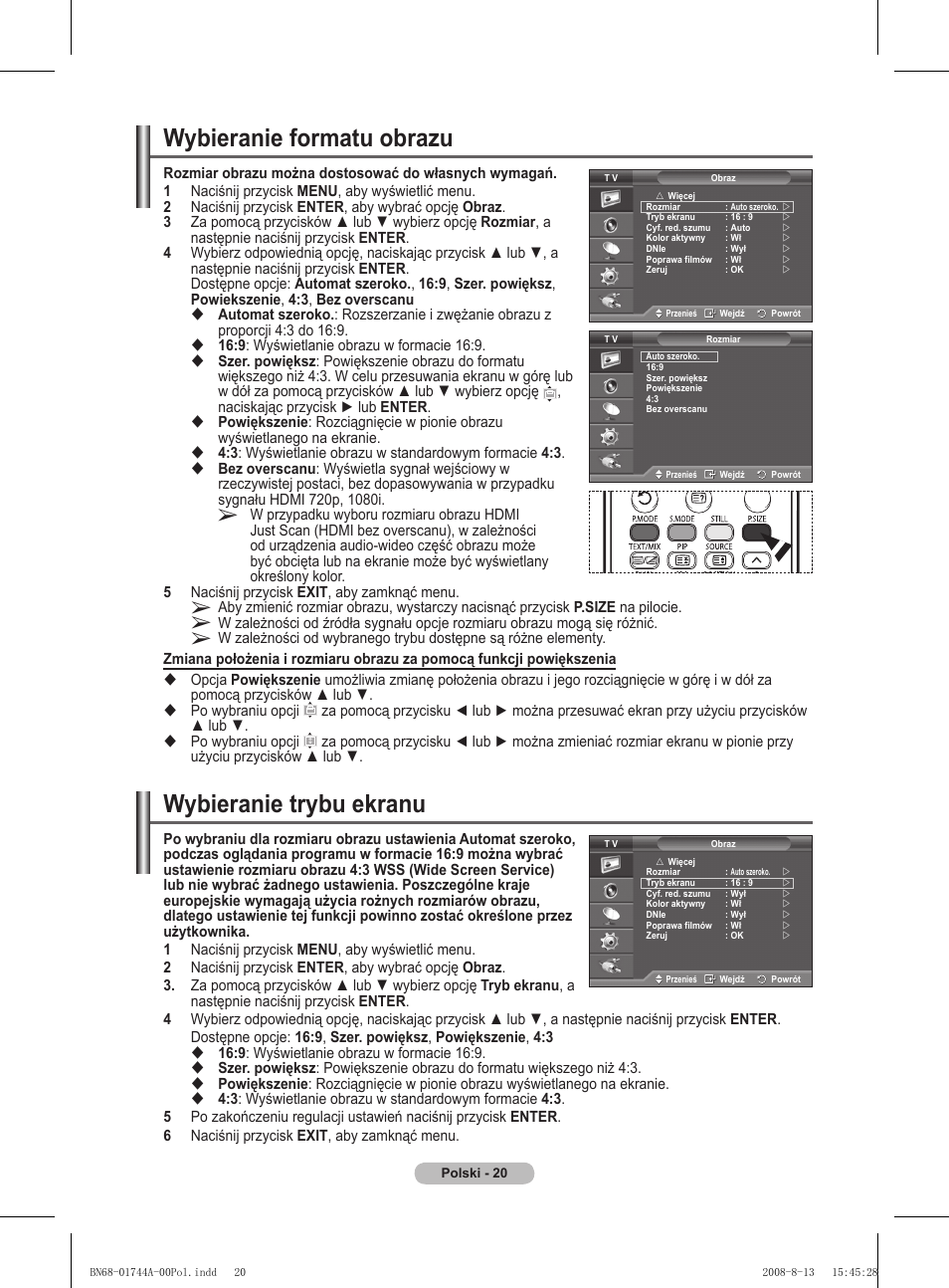 Wybieranie formatu obrazu, Wybieranie trybu ekranu | Samsung PS42A411C2 User Manual | Page 399 / 568