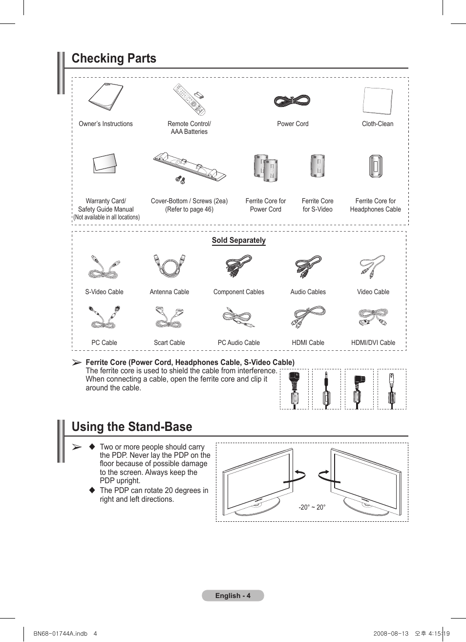 Checking parts, Using the stand-base | Samsung PS42A411C2 User Manual | Page 4 / 568