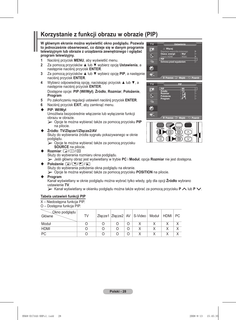 Korzystanie z funkcji obrazu w obrazie (pip) | Samsung PS42A411C2 User Manual | Page 407 / 568