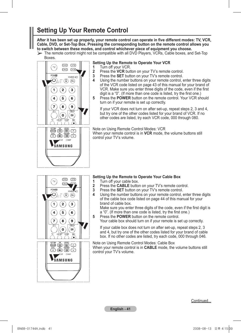 Setting up your remote control | Samsung PS42A411C2 User Manual | Page 41 / 568