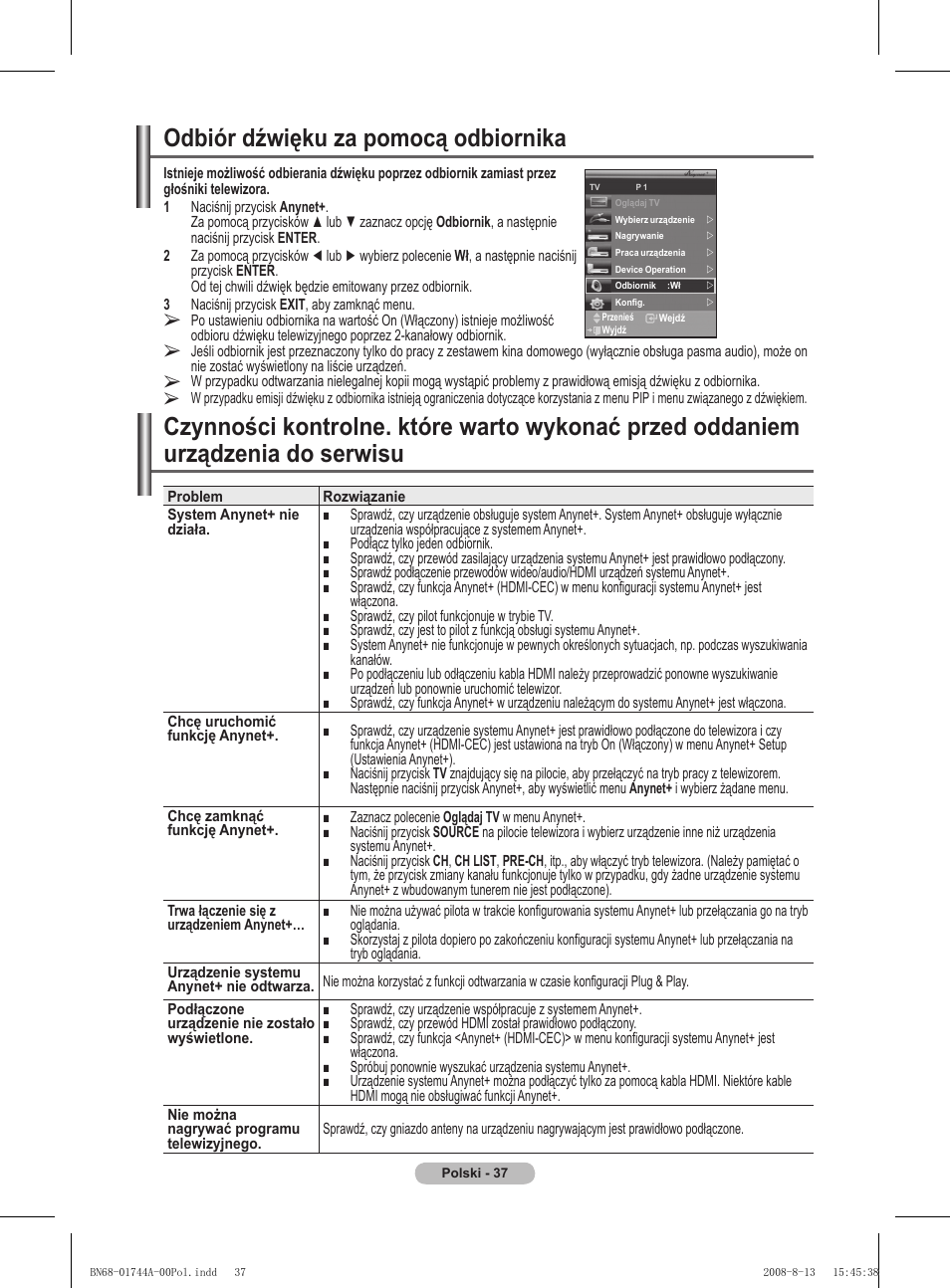 Odbiór dźwięku za pomocą odbiornika | Samsung PS42A411C2 User Manual | Page 416 / 568