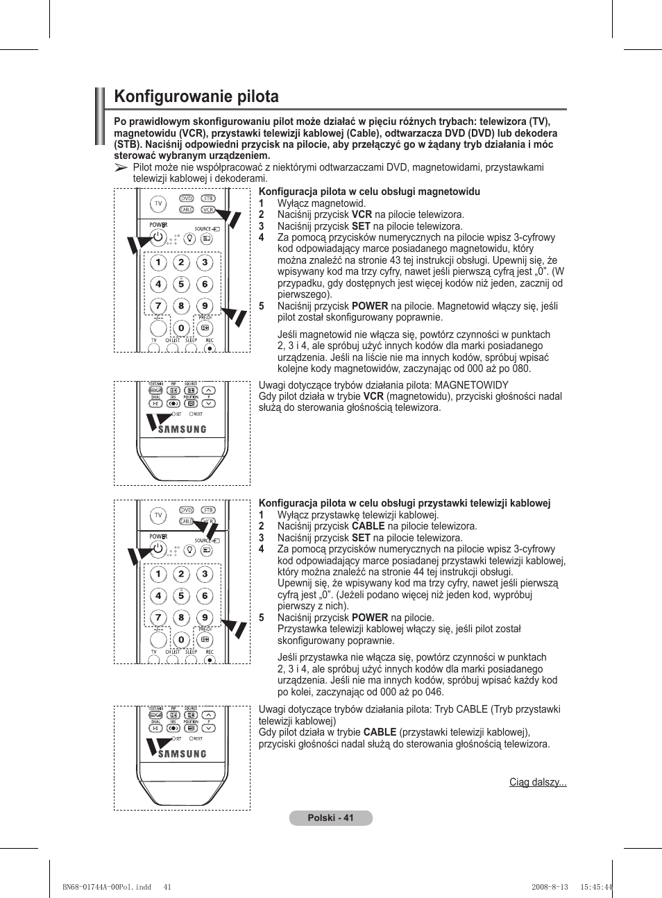 Konfigurowanie pilota | Samsung PS42A411C2 User Manual | Page 420 / 568