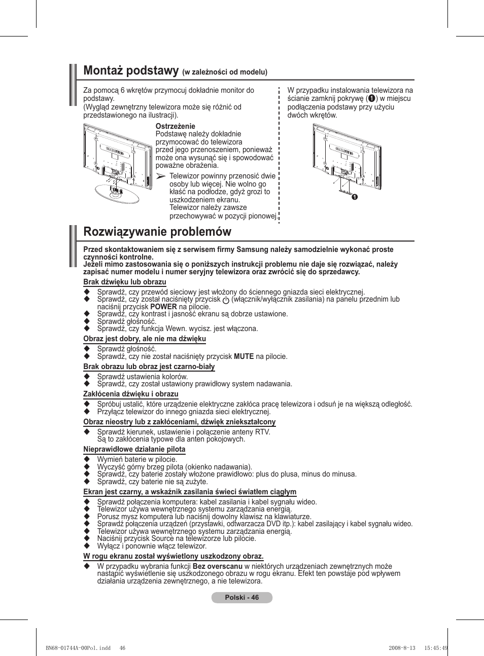 Rozwiązywanie problemów, Montaż podstawy | Samsung PS42A411C2 User Manual | Page 425 / 568