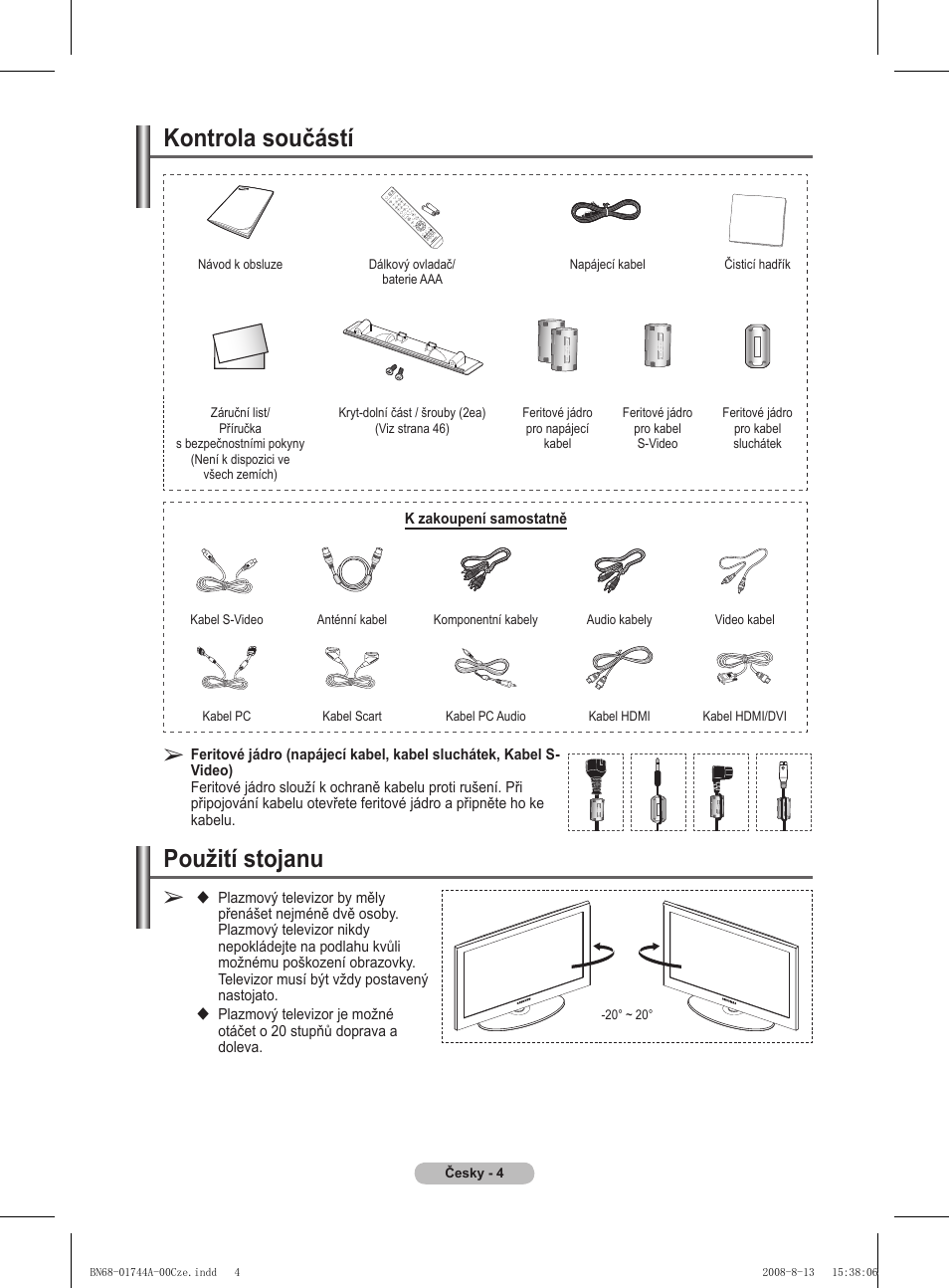 Kontrola součástí, Použití stojanu | Samsung PS42A411C2 User Manual | Page 430 / 568