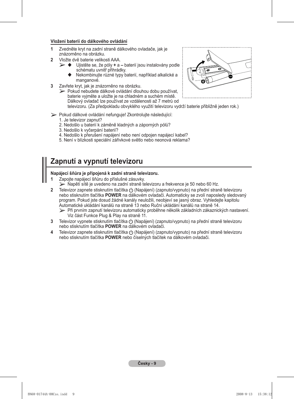 Zapnutí a vypnutí televizoru | Samsung PS42A411C2 User Manual | Page 435 / 568