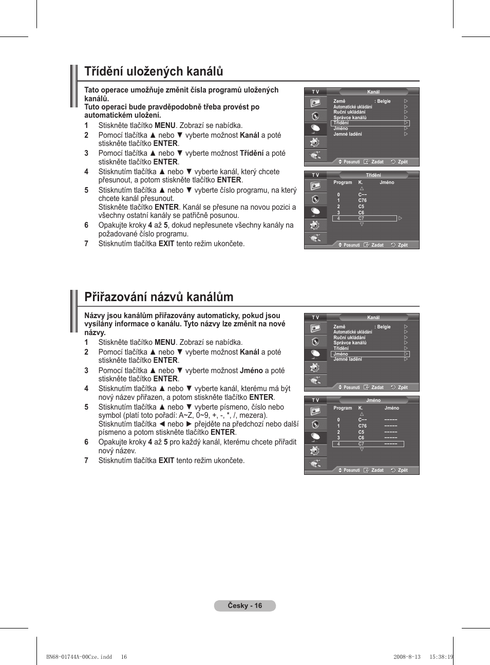 Třídění uložených kanálů, Přiřazování názvů kanálům | Samsung PS42A411C2 User Manual | Page 442 / 568