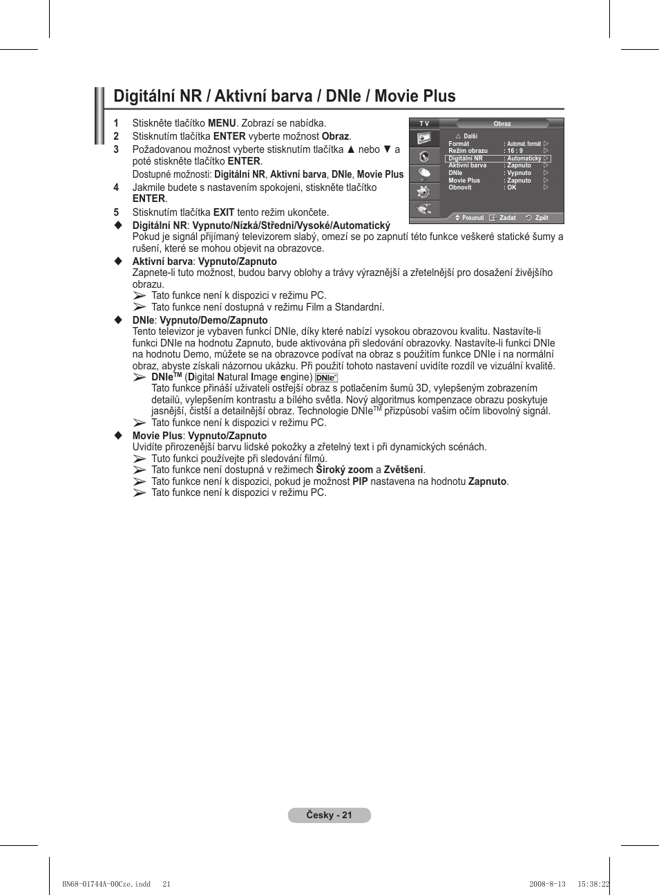 Digitální nr / aktivní barva / dnie / movie plus | Samsung PS42A411C2 User Manual | Page 447 / 568