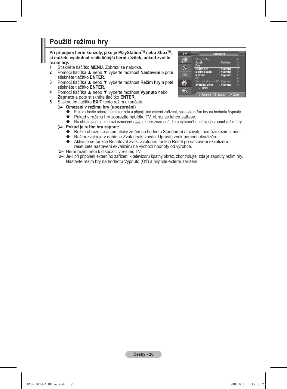 Použití režimu hry | Samsung PS42A411C2 User Manual | Page 452 / 568