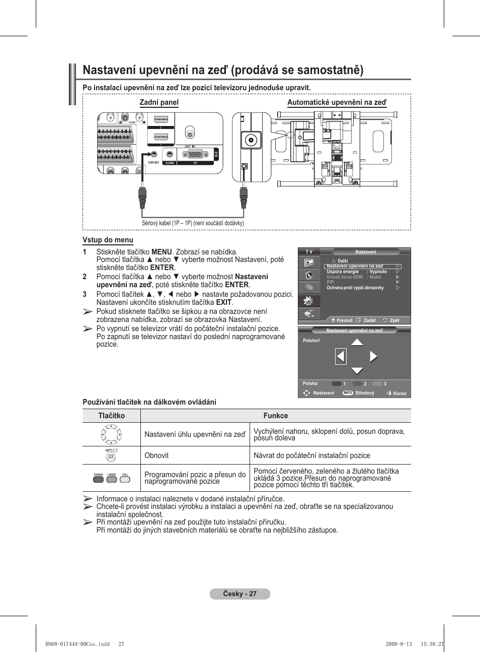 Nastavení upevnění na zeď (prodává se samostatně) | Samsung PS42A411C2 User Manual | Page 453 / 568