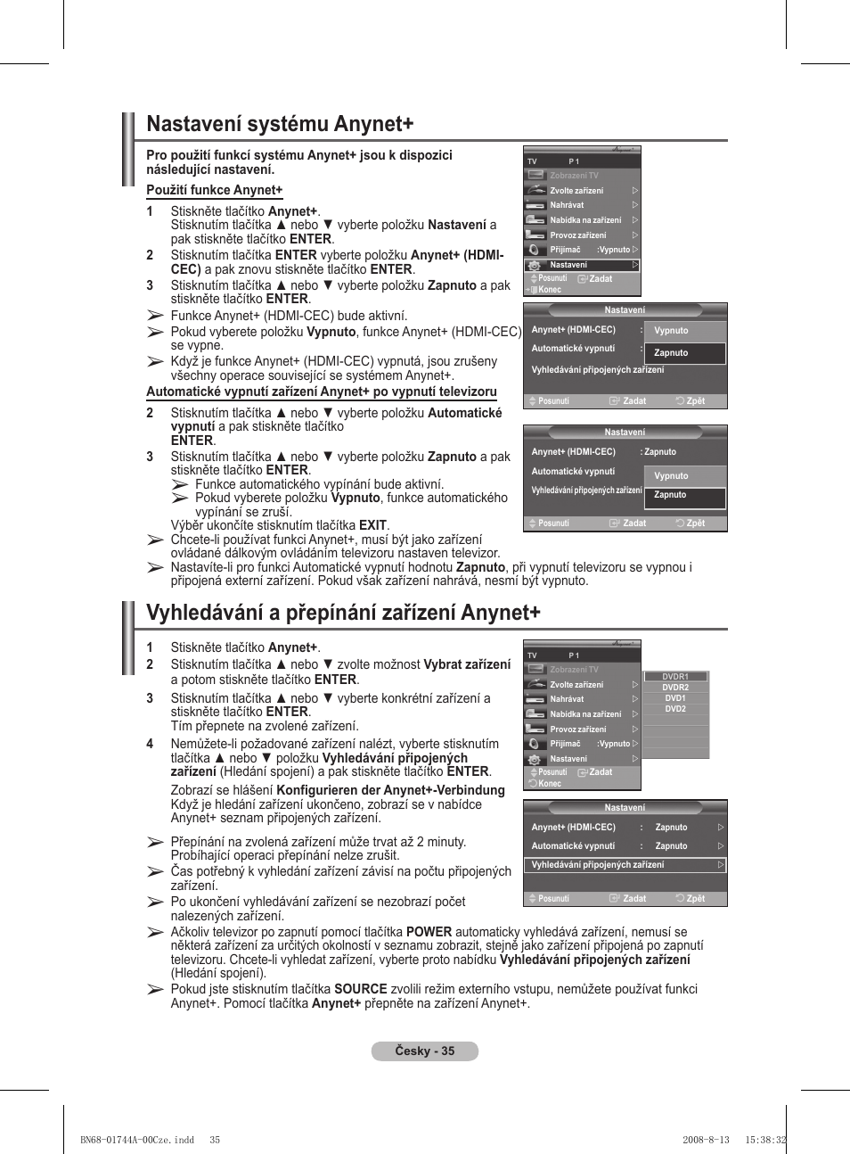 Nastavení systému anynet, Vyhledávání a přepínání zařízení anynet | Samsung PS42A411C2 User Manual | Page 461 / 568