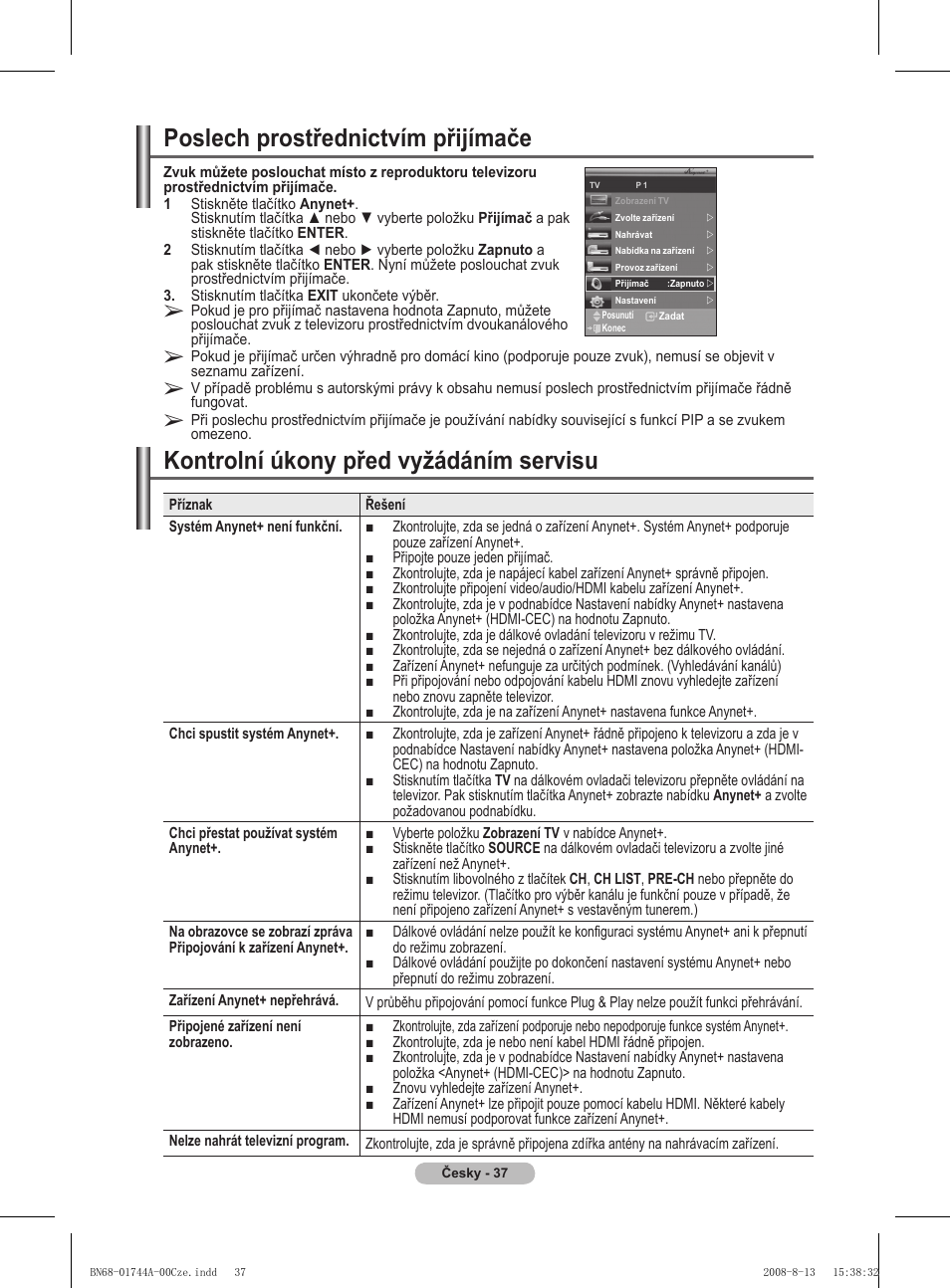 Kontrolní úkony před vyžádáním servisu, Poslech prostřednictvím přijímače | Samsung PS42A411C2 User Manual | Page 463 / 568