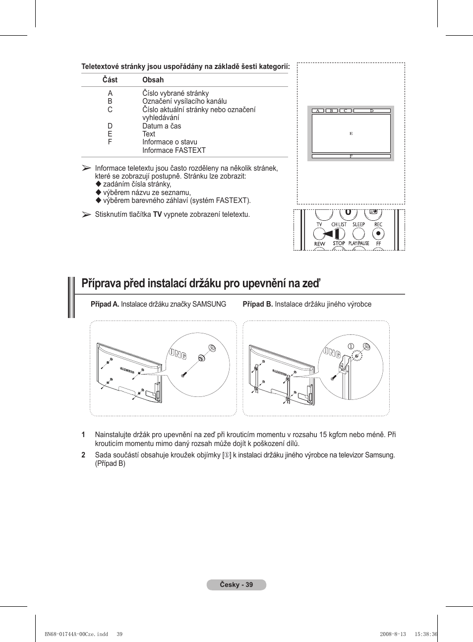 Příprava před instalací držáku pro upevnění na zeď | Samsung PS42A411C2 User Manual | Page 465 / 568