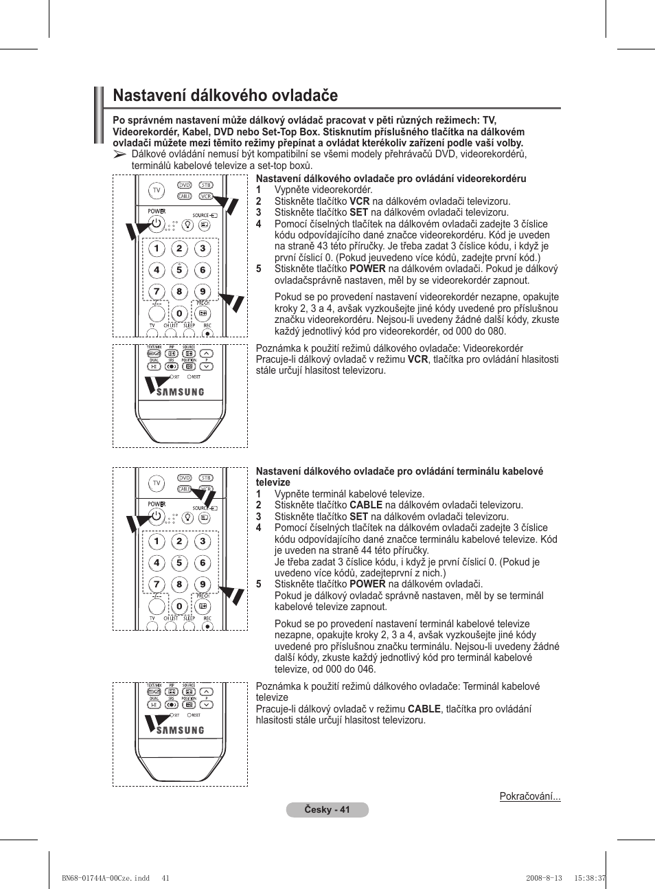 Nastavení dálkového ovladače | Samsung PS42A411C2 User Manual | Page 467 / 568