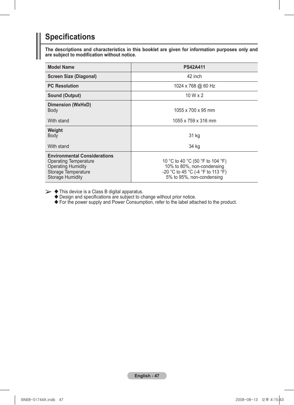 Specifications | Samsung PS42A411C2 User Manual | Page 47 / 568