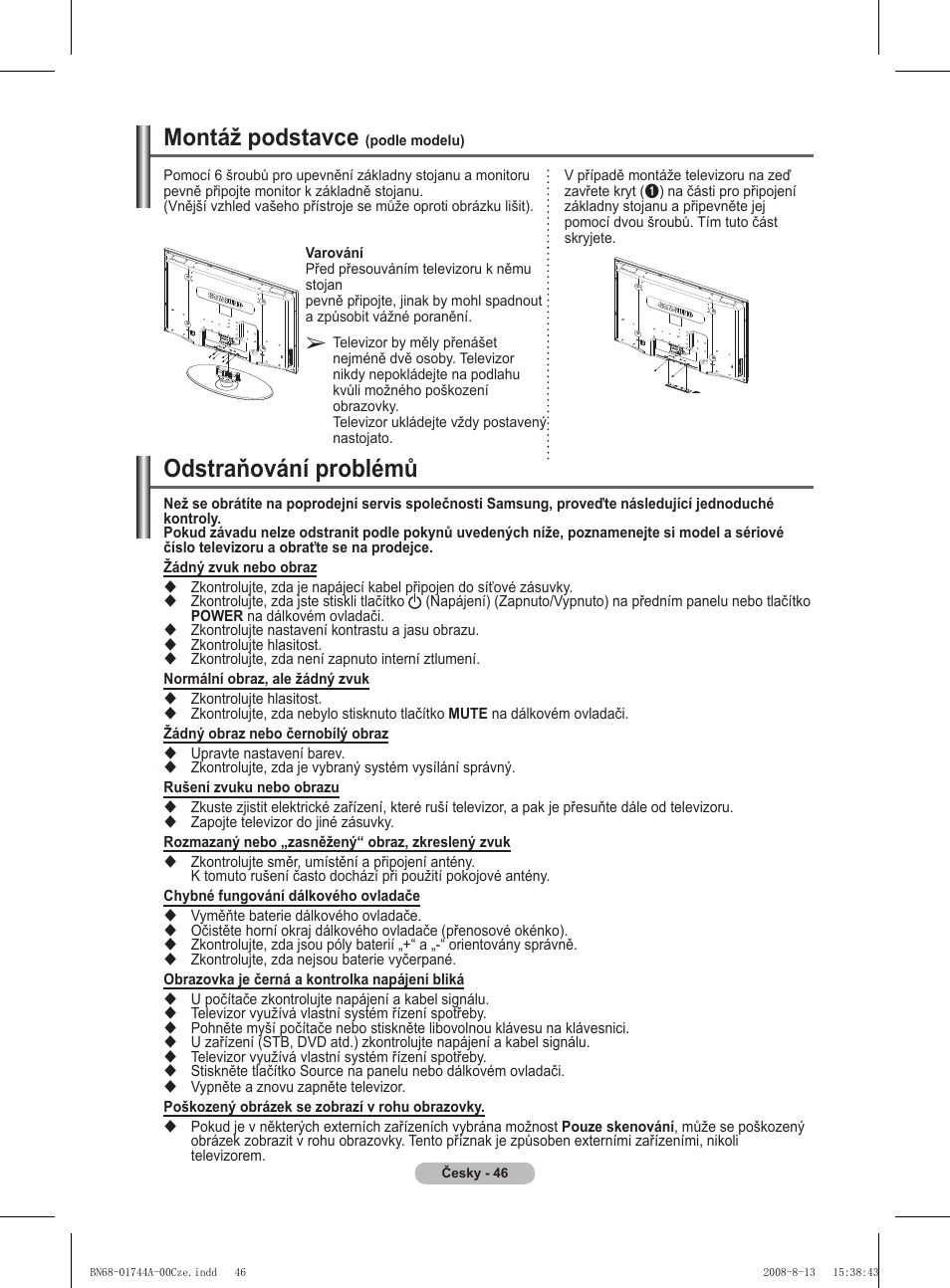 Odstraňování problémů, Montáž podstavce | Samsung PS42A411C2 User Manual | Page 472 / 568