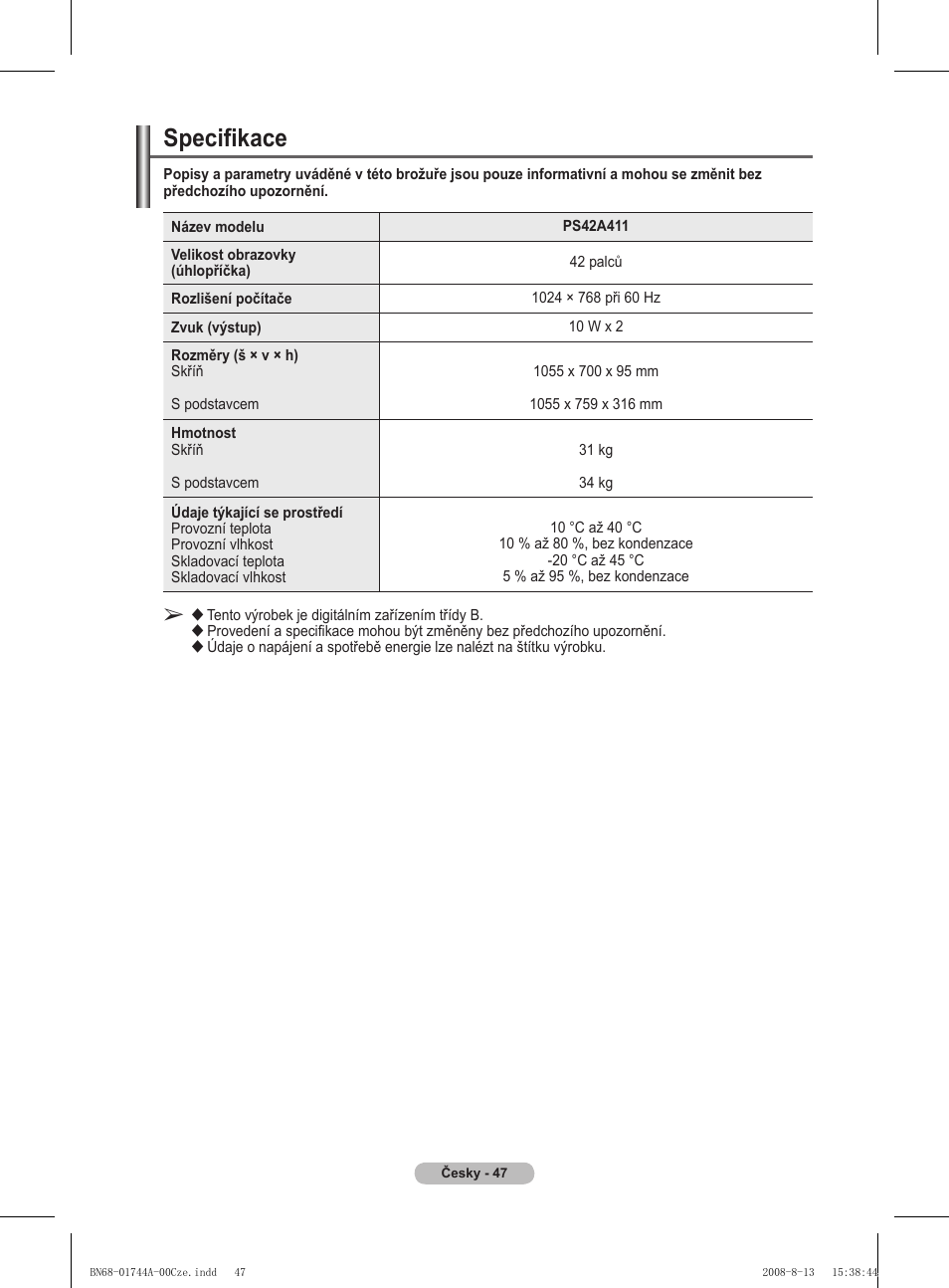 Specifikace | Samsung PS42A411C2 User Manual | Page 473 / 568