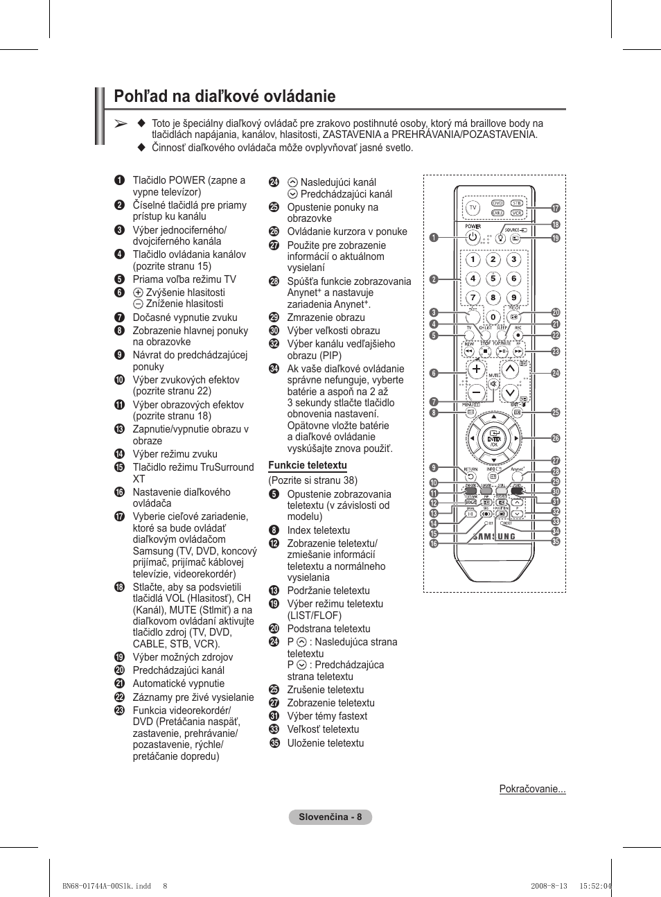 Pohľad na diaľkové ovládanie | Samsung PS42A411C2 User Manual | Page 481 / 568