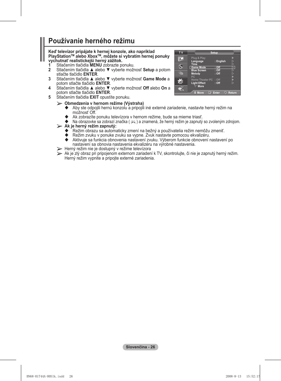 Používanie herného režimu | Samsung PS42A411C2 User Manual | Page 499 / 568