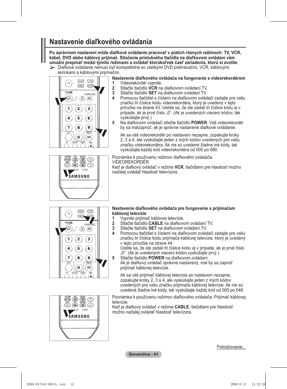 Nastavenie diaľkového ovládania | Samsung PS42A411C2 User Manual | Page 514 / 568