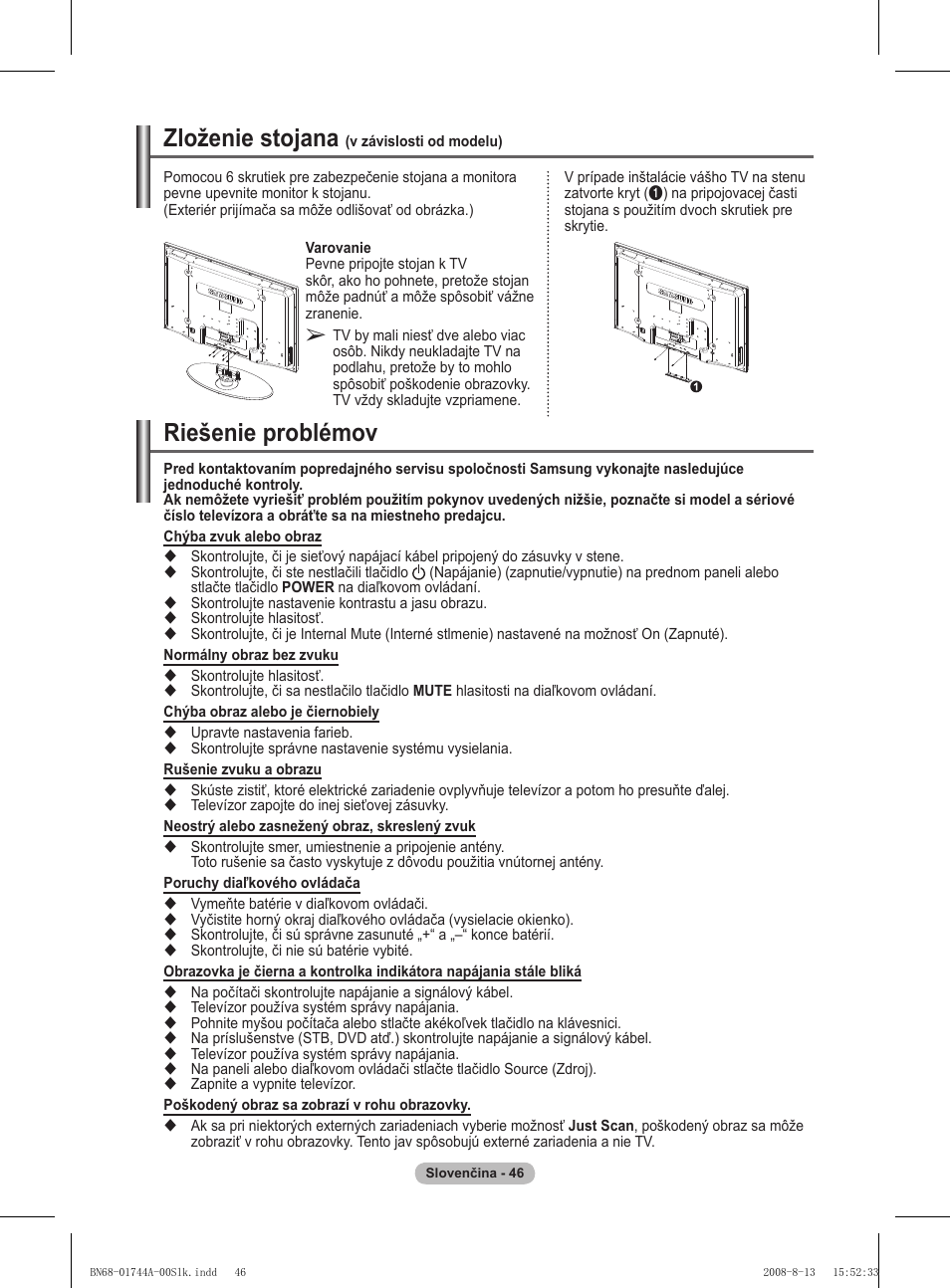 Riešenie problémov, Zloženie stojana | Samsung PS42A411C2 User Manual | Page 519 / 568