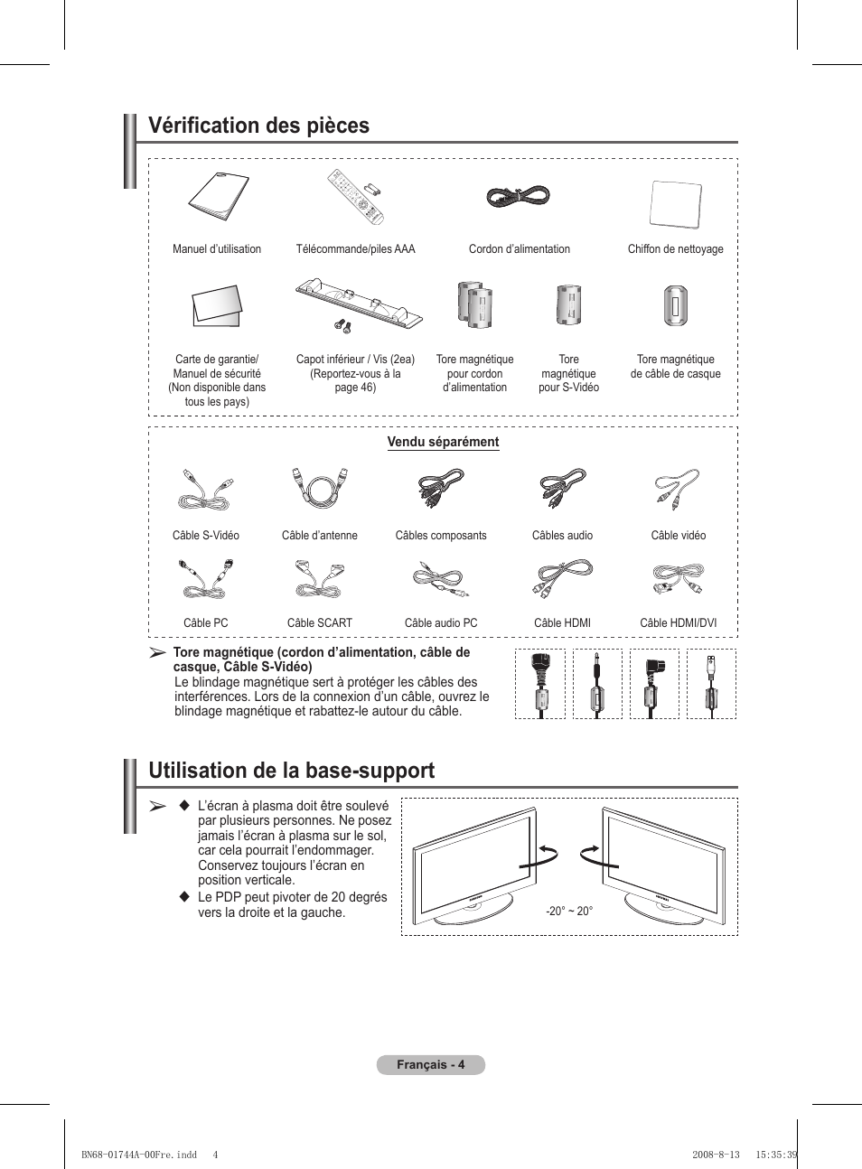 Vérification des pièces, Utilisation de la base-support | Samsung PS42A411C2 User Manual | Page 52 / 568