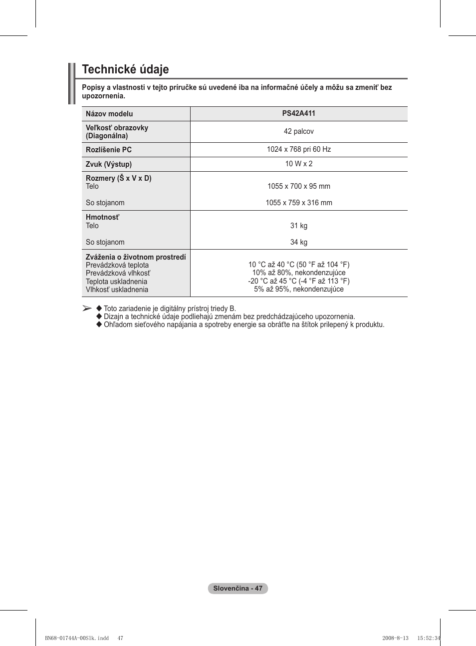 Technické údaje | Samsung PS42A411C2 User Manual | Page 520 / 568