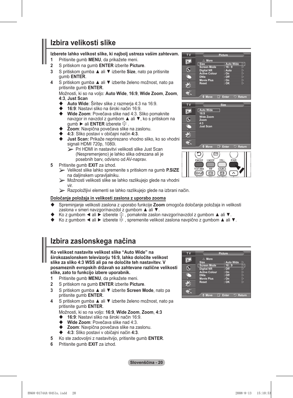 Izbira velikosti slike, Izbira zaslonskega načina | Samsung PS42A411C2 User Manual | Page 540 / 568