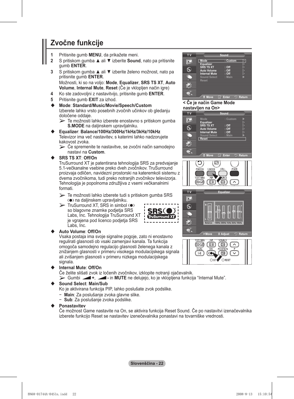 Zvočne funkcije | Samsung PS42A411C2 User Manual | Page 542 / 568