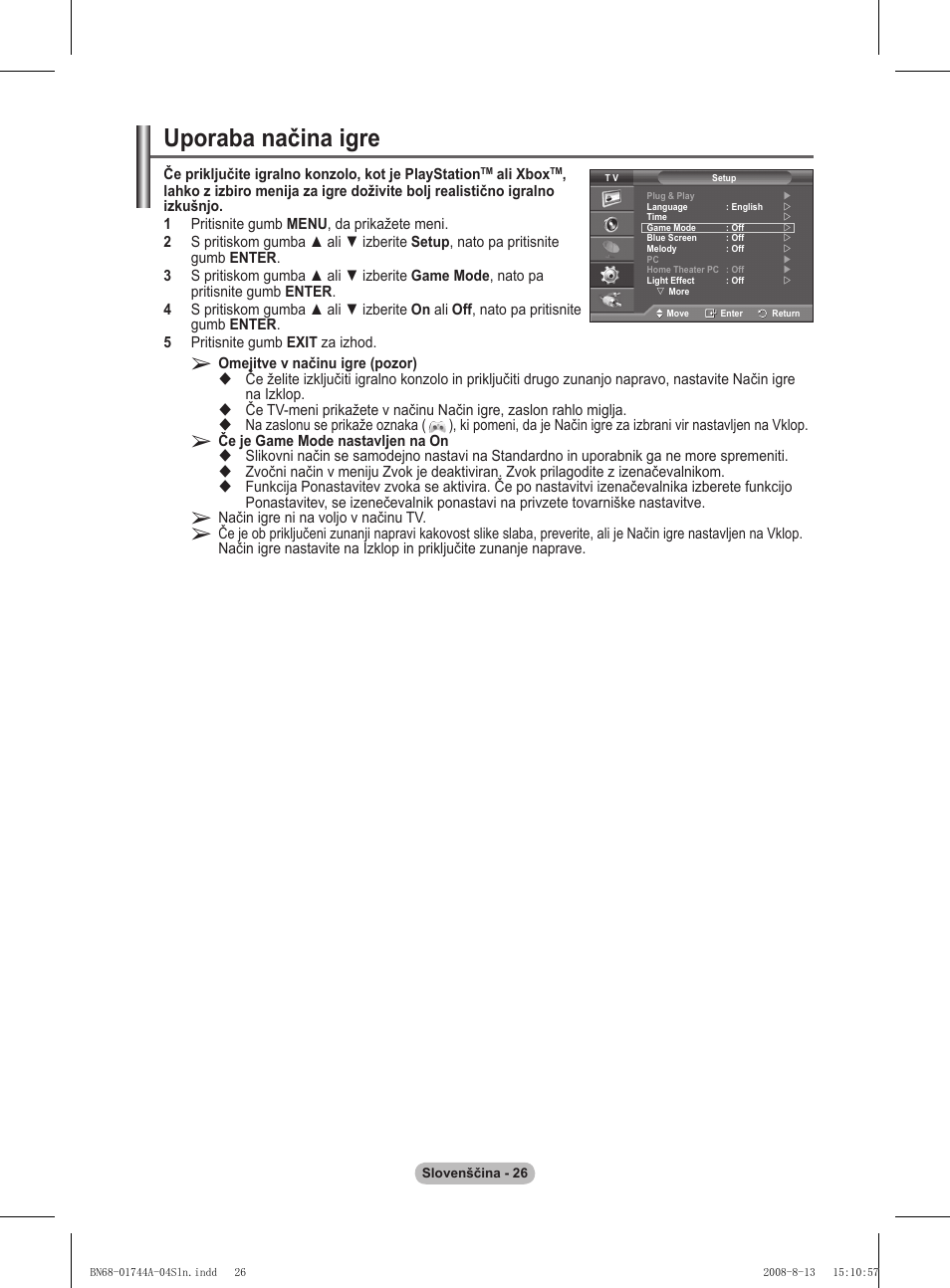 Uporaba načina igre | Samsung PS42A411C2 User Manual | Page 546 / 568