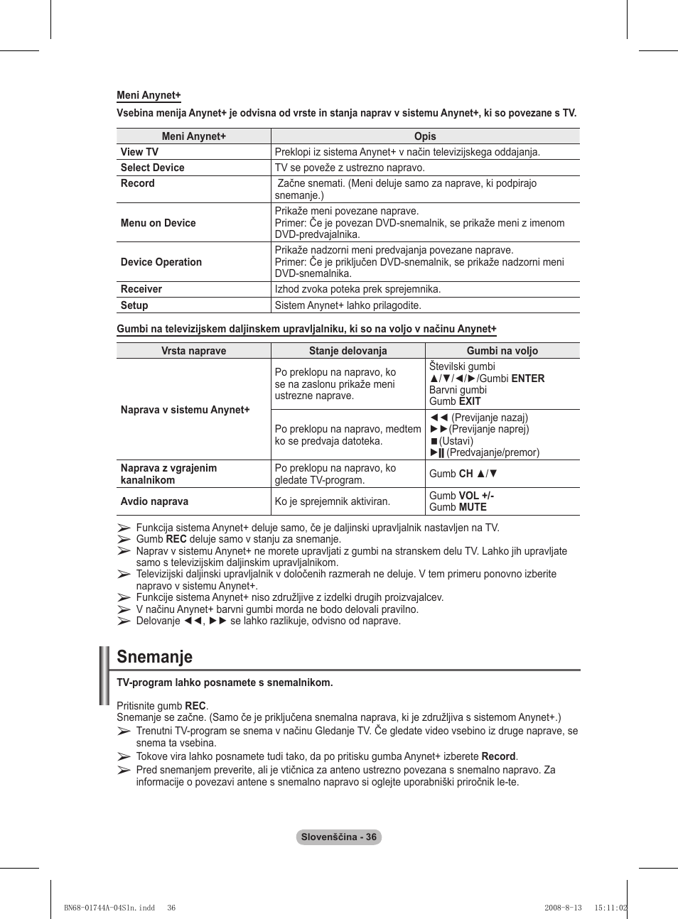 Snemanje | Samsung PS42A411C2 User Manual | Page 556 / 568