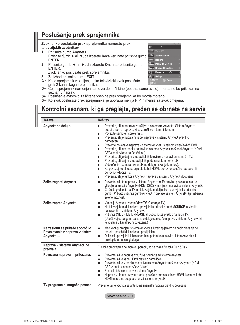 Poslušanje prek sprejemnika | Samsung PS42A411C2 User Manual | Page 557 / 568