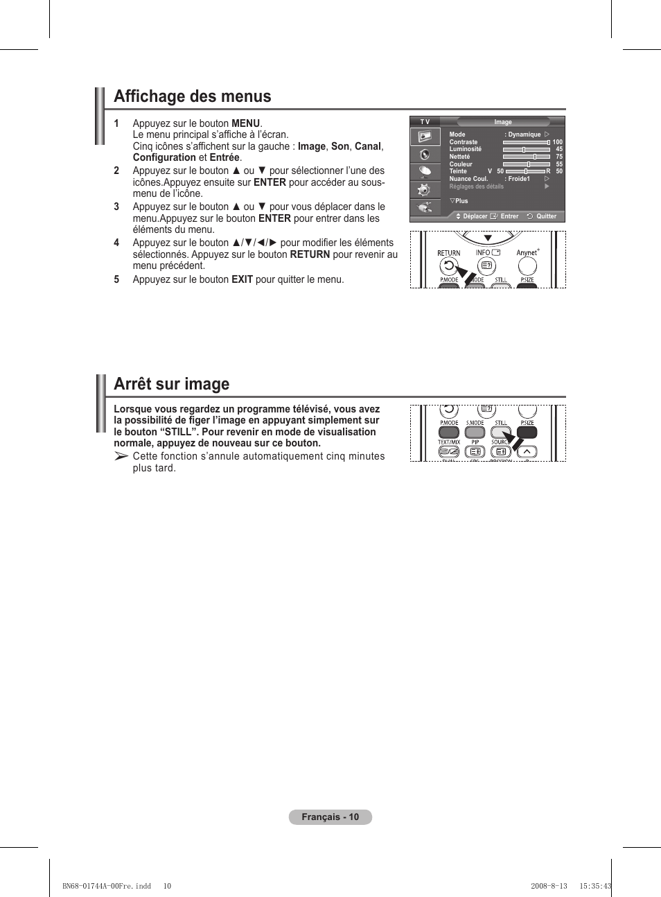 Affichage des menus, Arrêt sur image | Samsung PS42A411C2 User Manual | Page 58 / 568