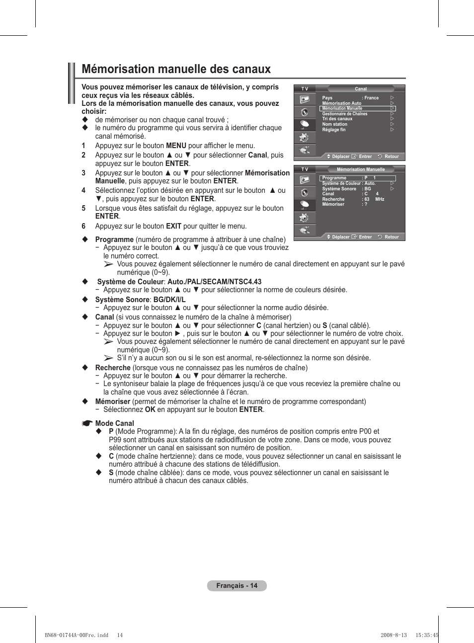 Mémorisation manuelle des canaux | Samsung PS42A411C2 User Manual | Page 62 / 568