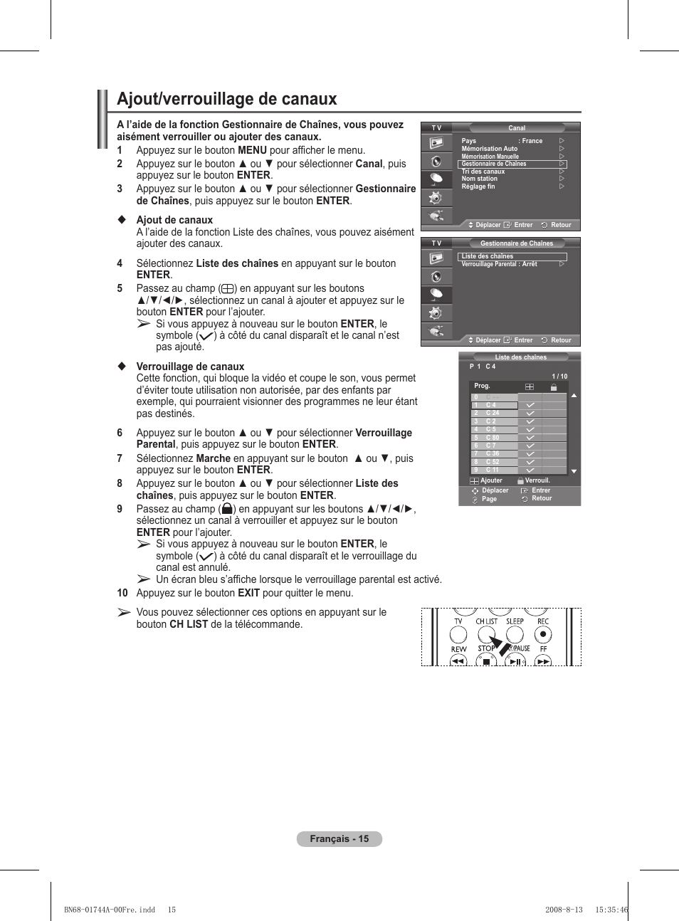 Ajout/verrouillage de canaux | Samsung PS42A411C2 User Manual | Page 63 / 568