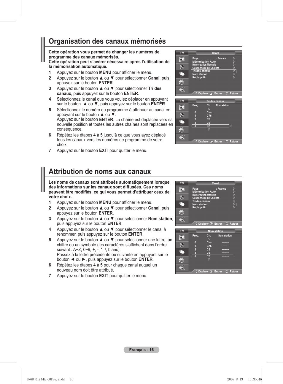 Organisation des canaux mémorisés, Attribution de noms aux canaux | Samsung PS42A411C2 User Manual | Page 64 / 568