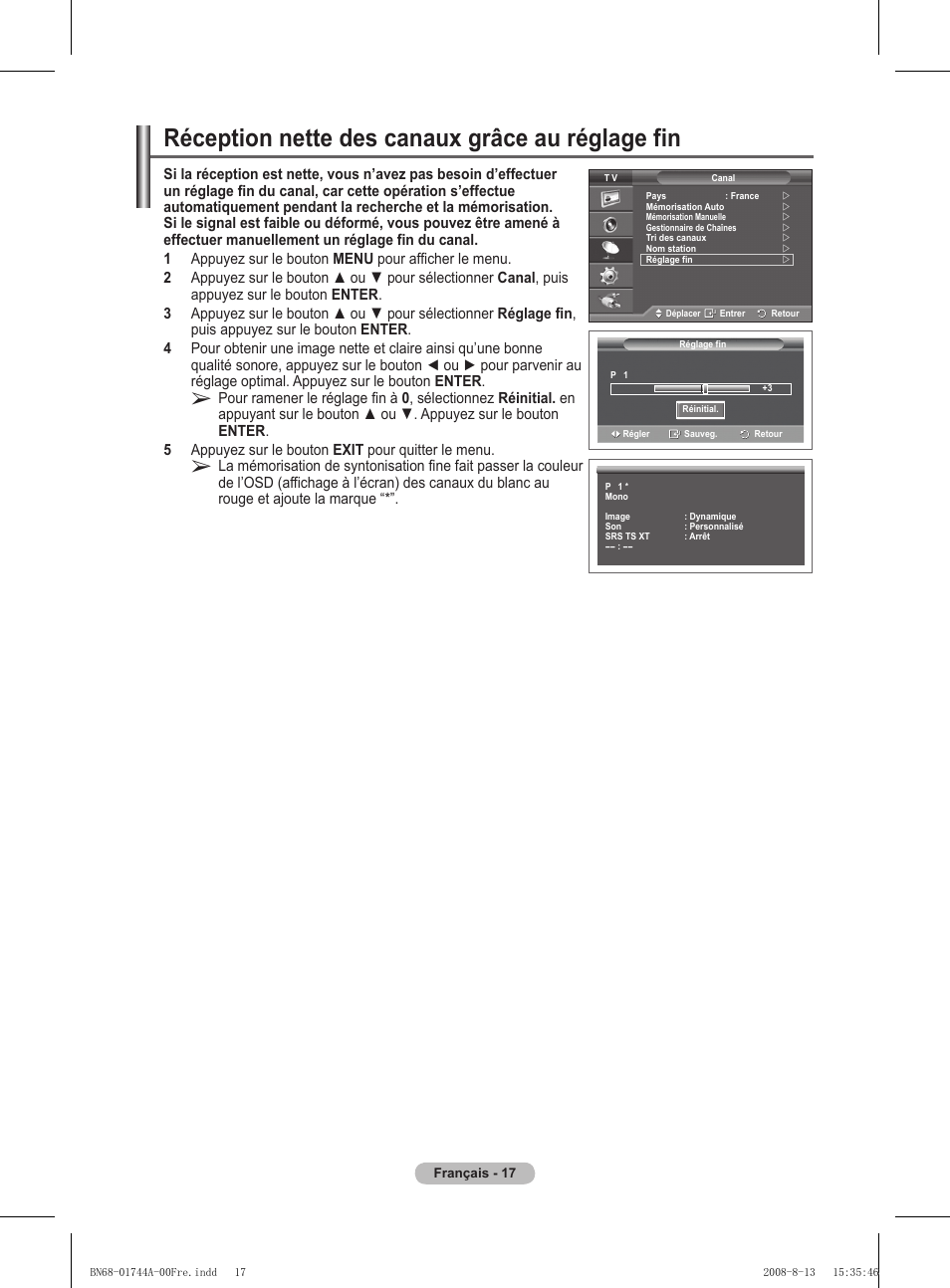 Réception nette des canaux grâce au réglage fin | Samsung PS42A411C2 User Manual | Page 65 / 568