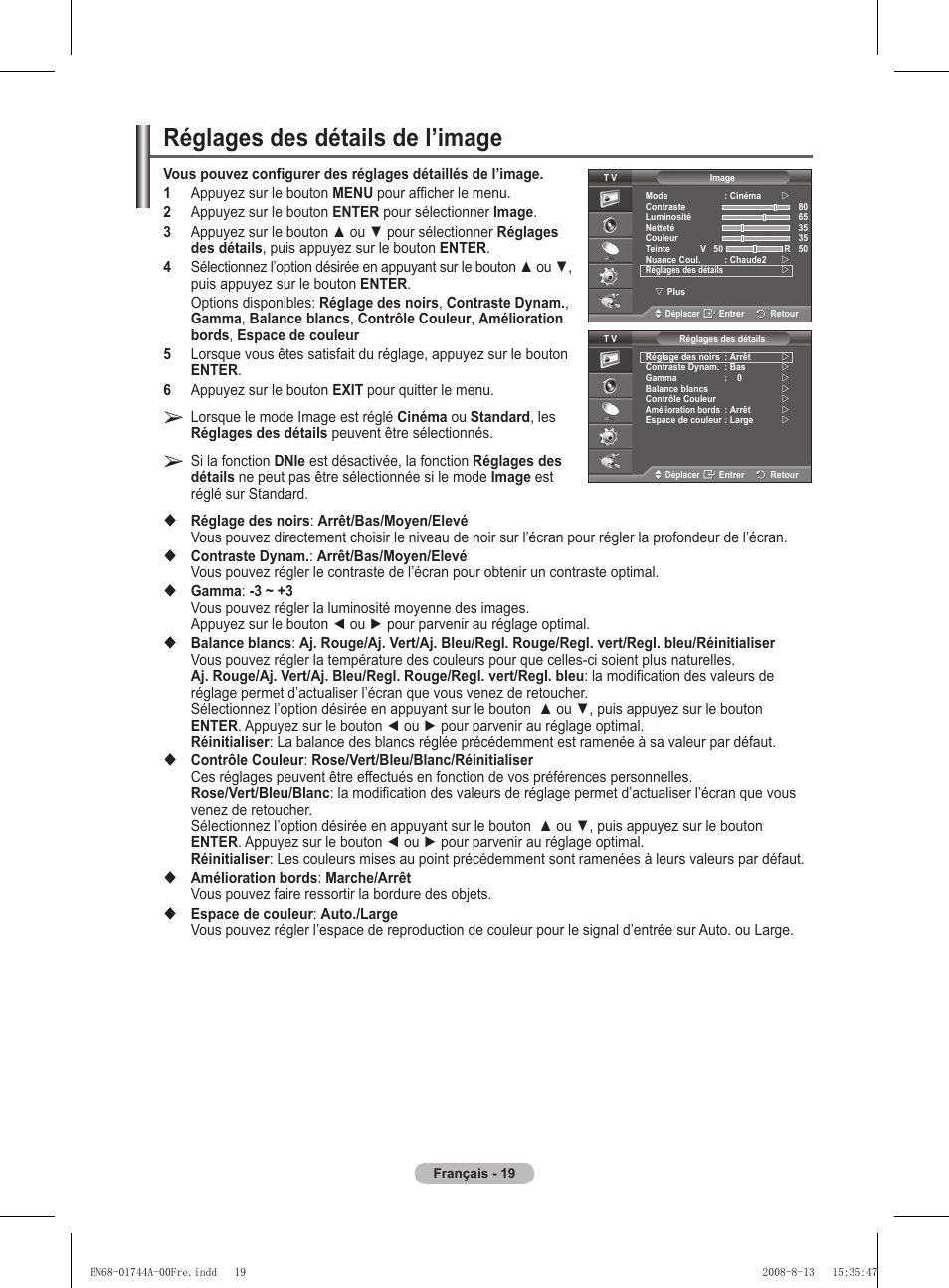 Réglages des détails de l’image | Samsung PS42A411C2 User Manual | Page 67 / 568