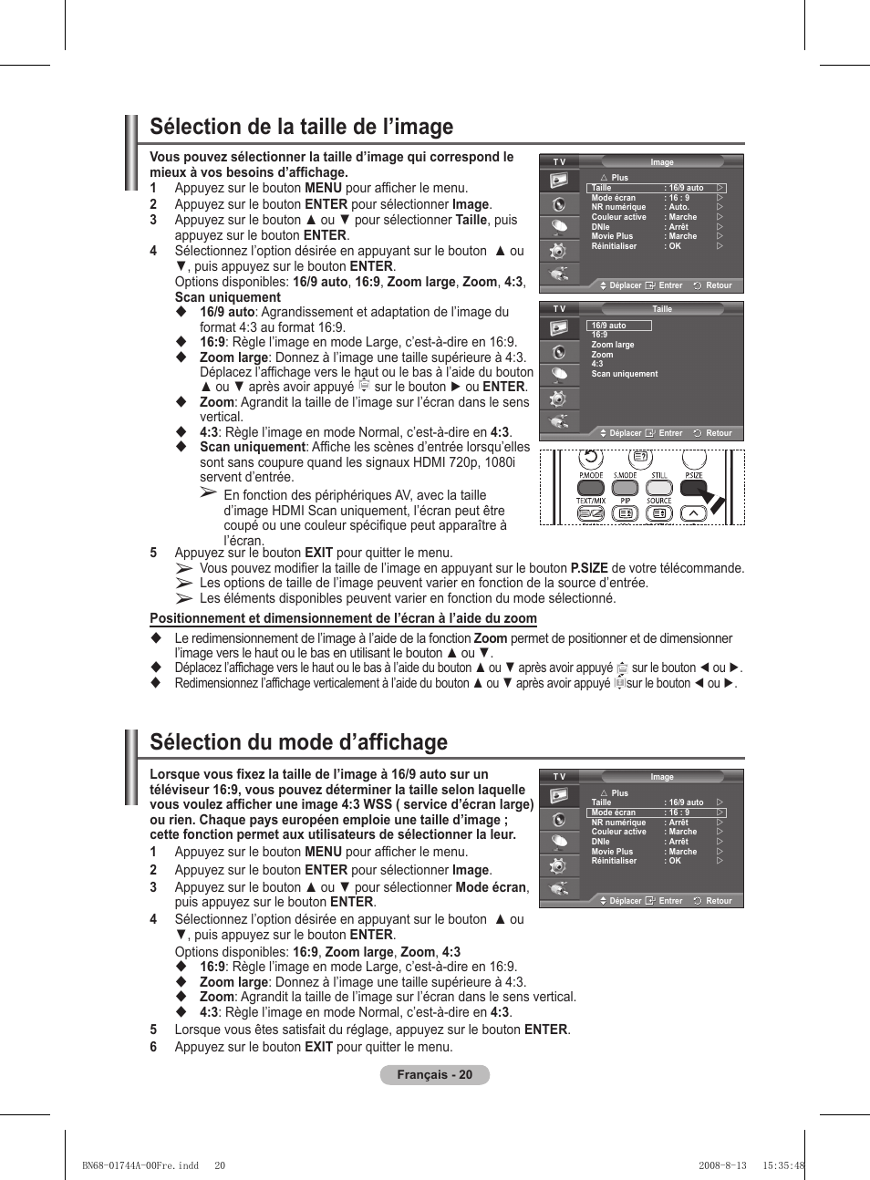 Sélection de la taille de l’image, Sélection du mode d’affichage | Samsung PS42A411C2 User Manual | Page 68 / 568