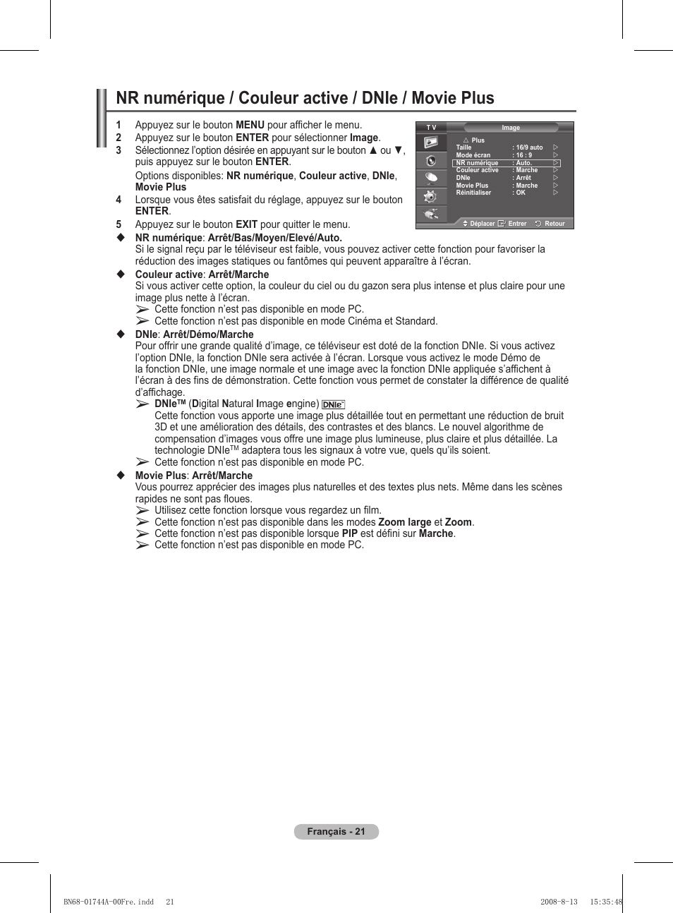 Nr numérique / couleur active / dnie / movie plus | Samsung PS42A411C2 User Manual | Page 69 / 568