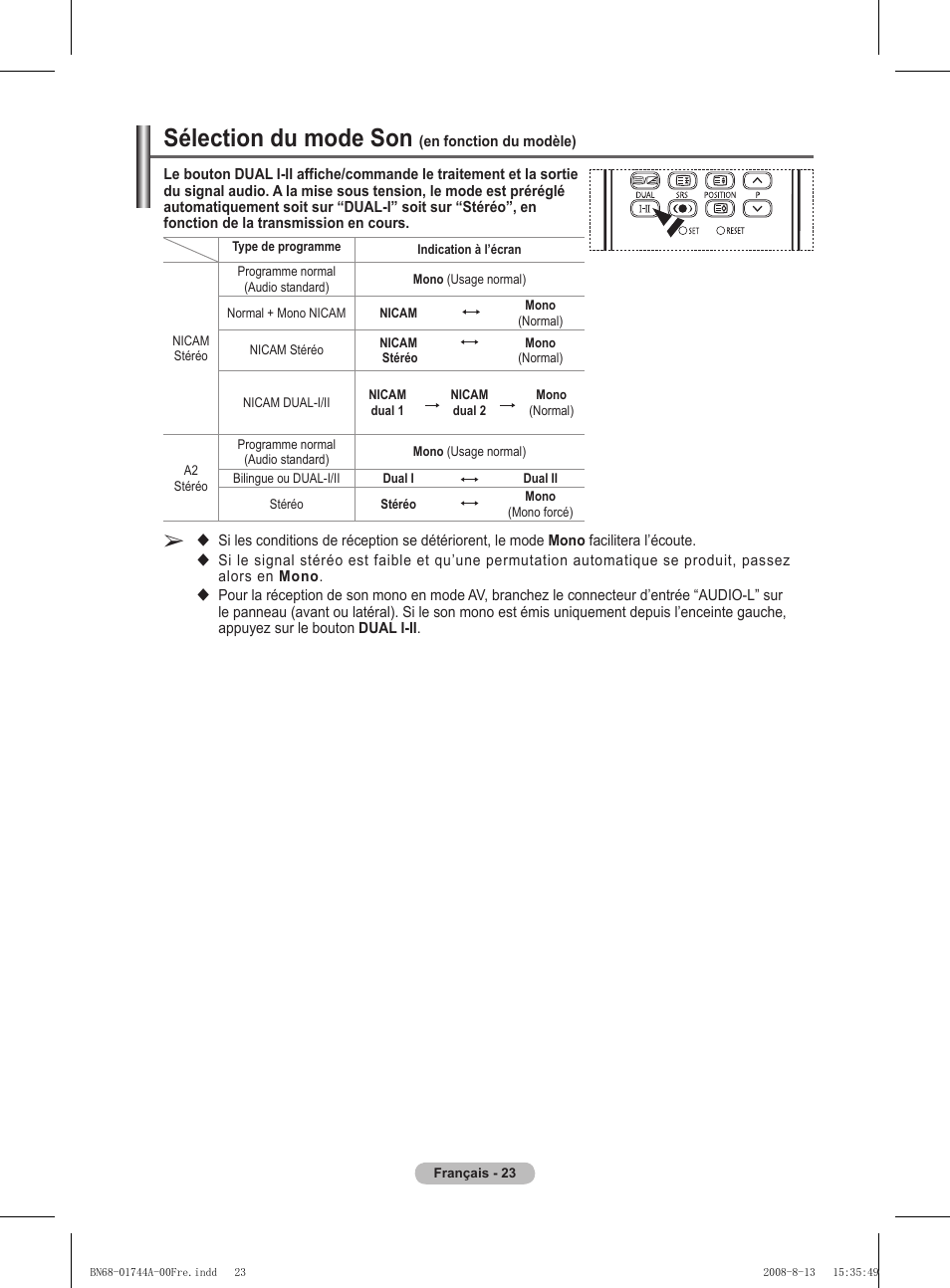 Sélection du mode son | Samsung PS42A411C2 User Manual | Page 71 / 568