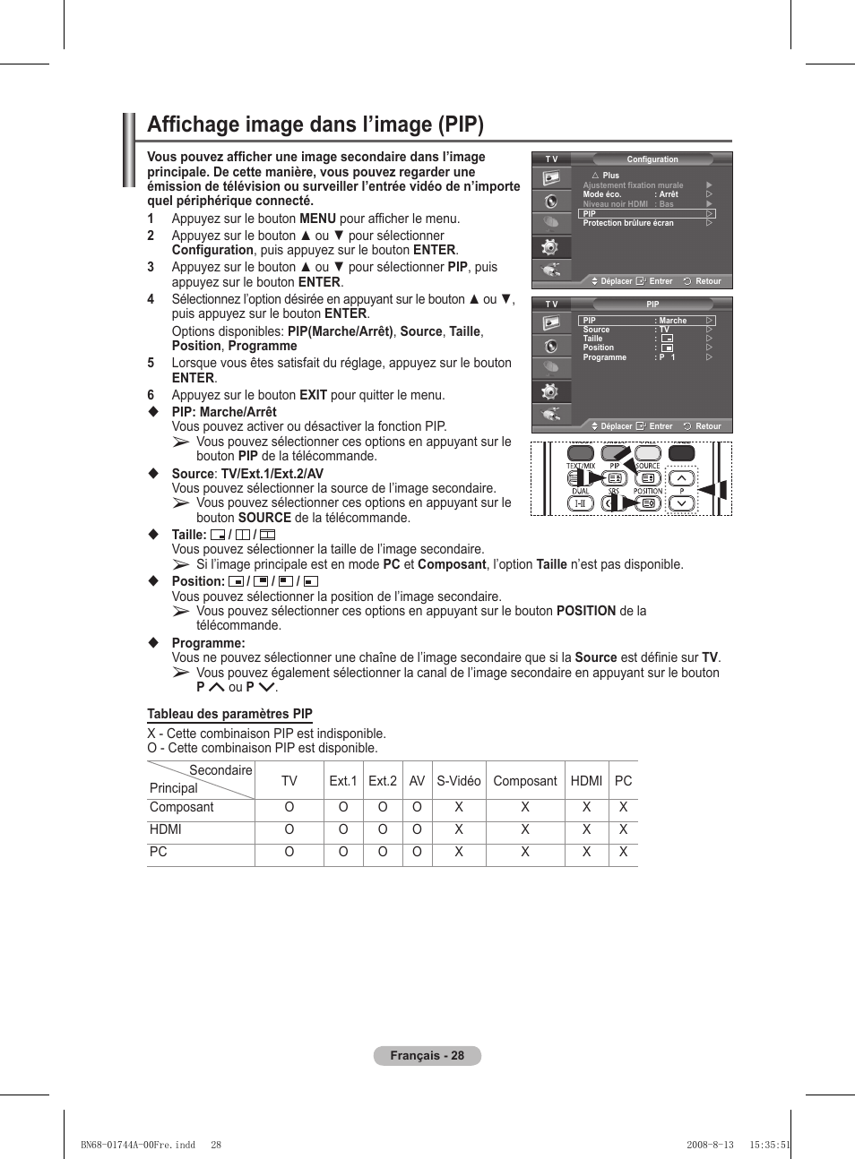 Affichage image dans l’image (pip) | Samsung PS42A411C2 User Manual | Page 76 / 568