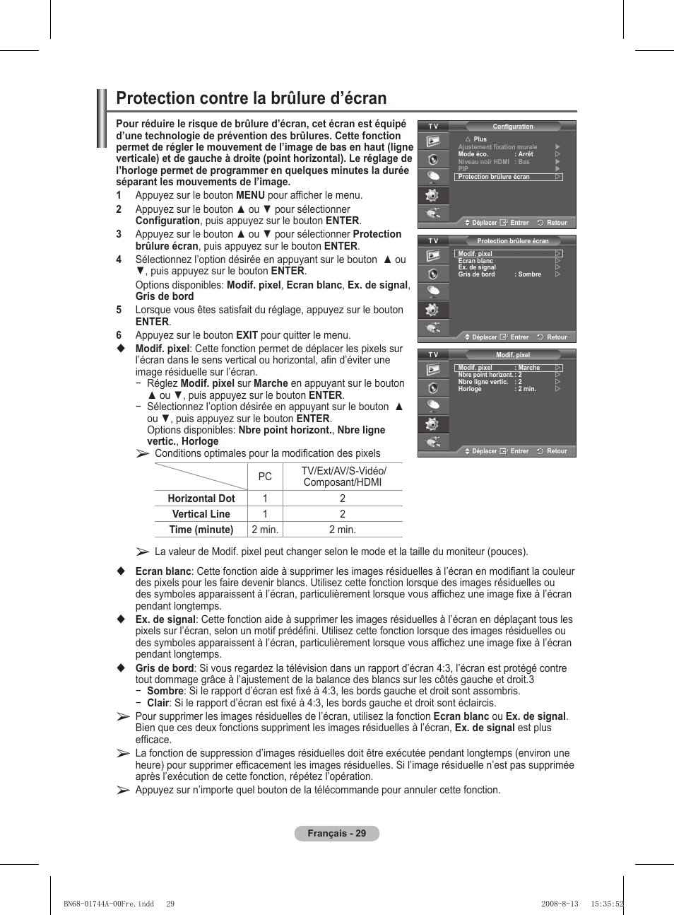 Protection contre la brûlure d’écran | Samsung PS42A411C2 User Manual | Page 77 / 568