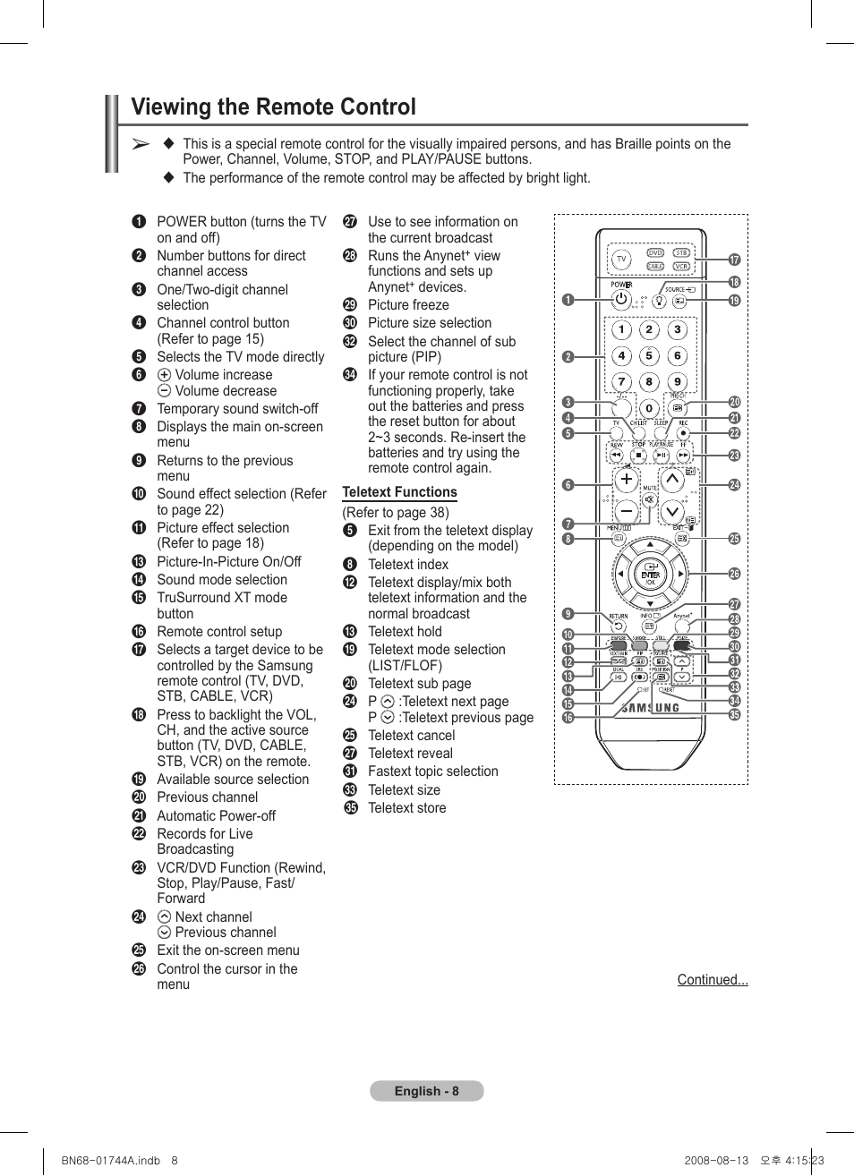 Viewing the remote control | Samsung PS42A411C2 User Manual | Page 8 / 568