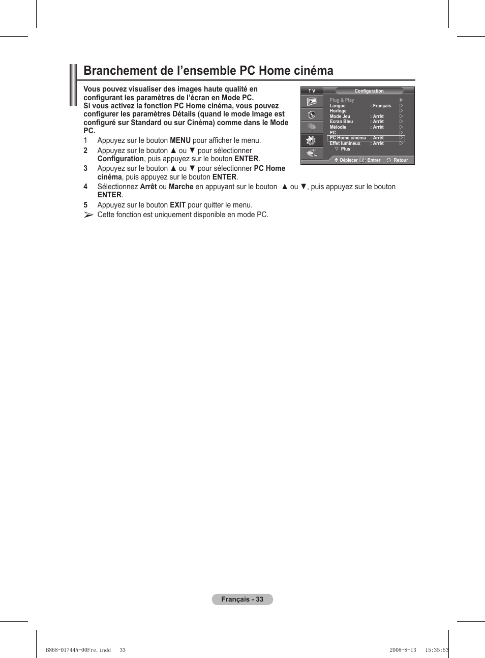 Branchement de l’ensemble pc home cinéma | Samsung PS42A411C2 User Manual | Page 81 / 568