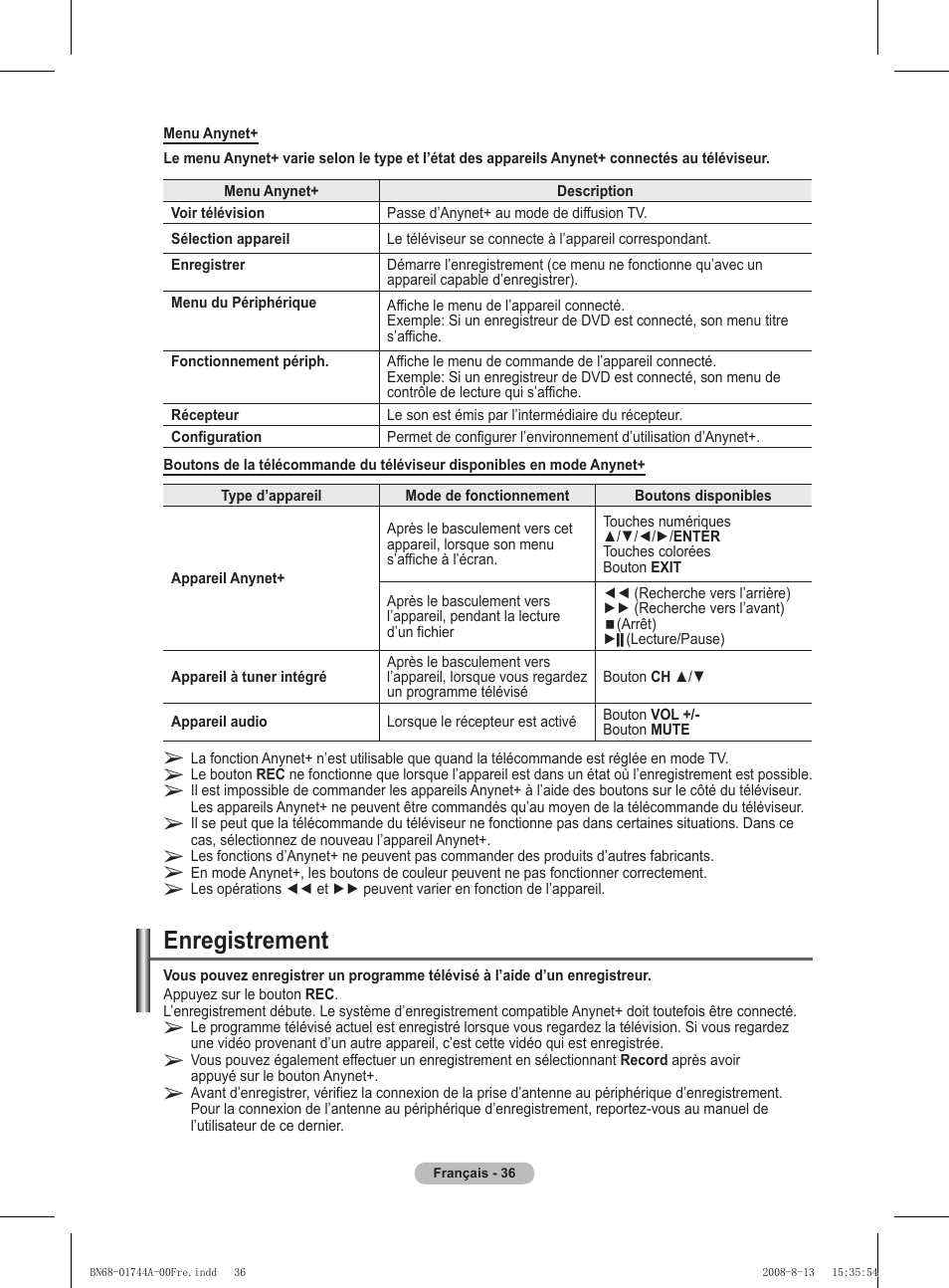 Enregistrement | Samsung PS42A411C2 User Manual | Page 84 / 568